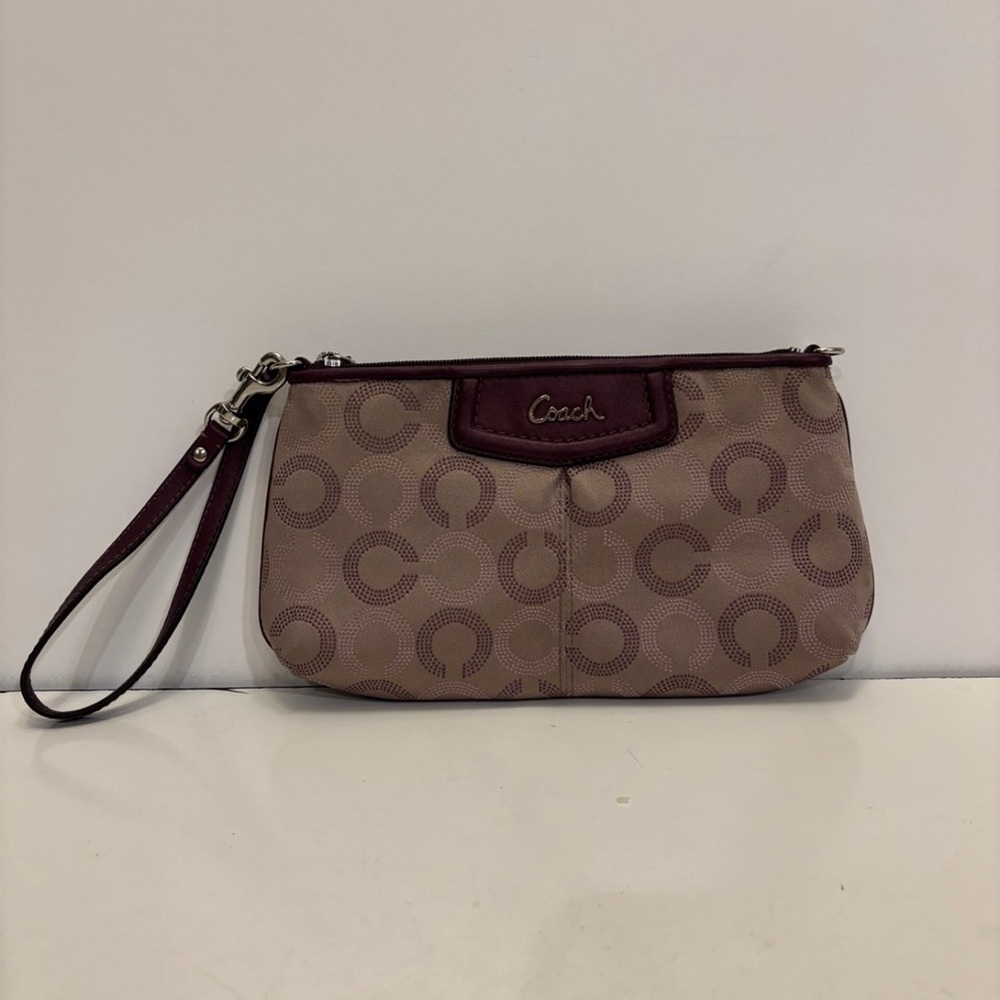 Coach Ashley Op Art Dotted Clutch Wristlet Beige/Plum Purple